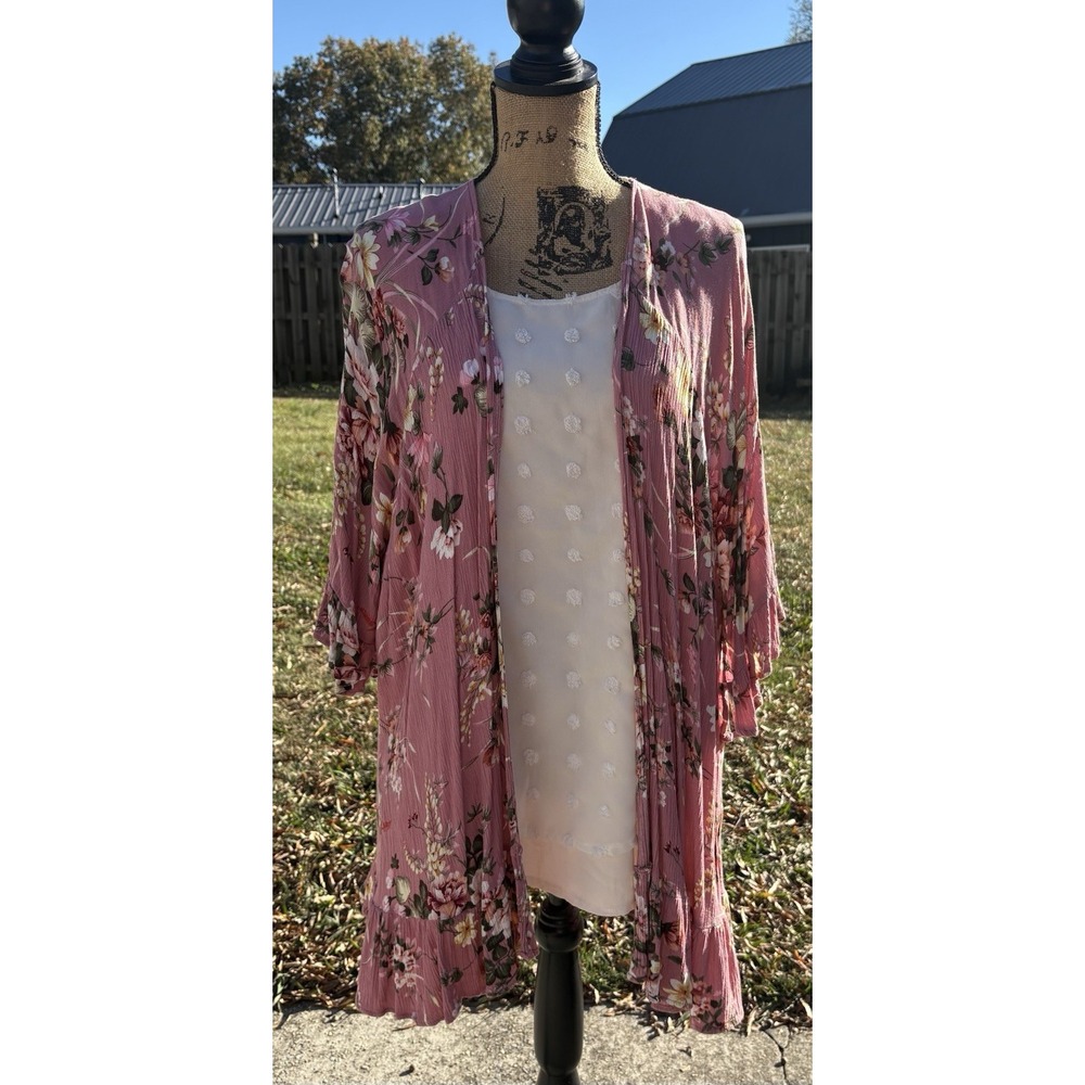 Umgee Womens XL Kimono Pink Floral Cover-Up Flowy & XXL Cream Giglio Dress Tank